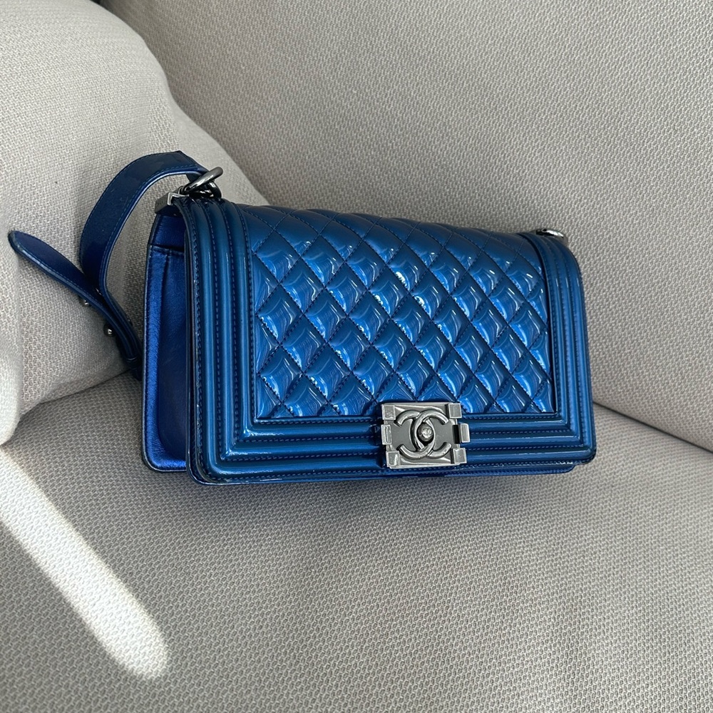 CHANEL Quilted Patent Calfksin LeBoy Flap Bag Old Medium Blue - Picture 2 of 14